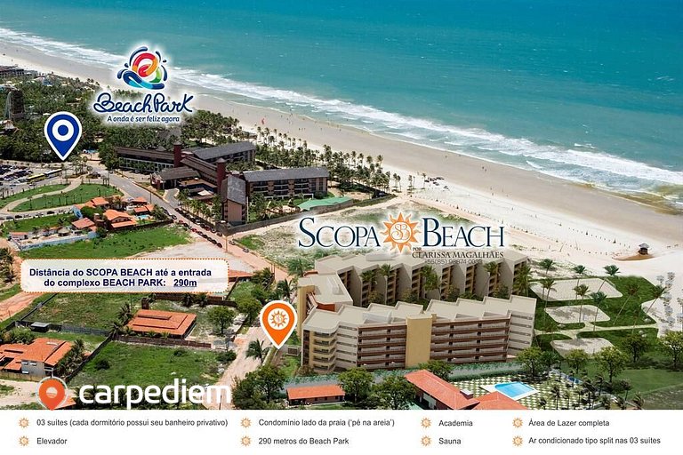 Scopa Beach em Porto das Dunas, Apt 3 Quartos, Pé na Areia,